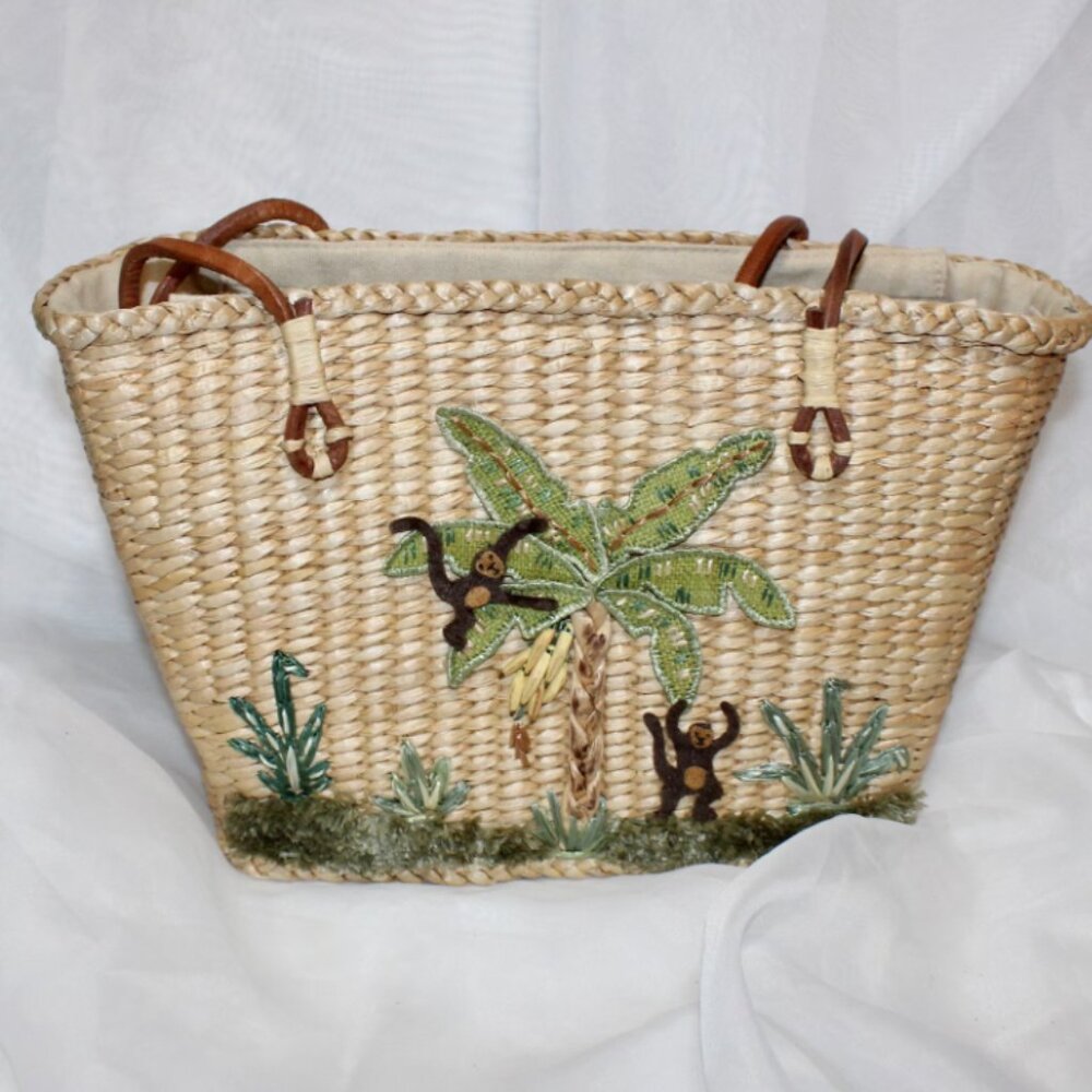 Cappelli Embellished Monkey and Palm Tree Straw Purse